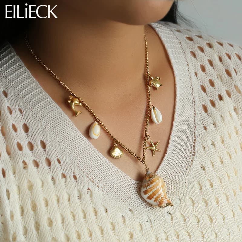 EILIECK Collana con pendente a conchiglia grande esagerato in acciaio inossidabile 316L per le donne Regalo di gioielli impermeabili con catena al collo in stile oceano