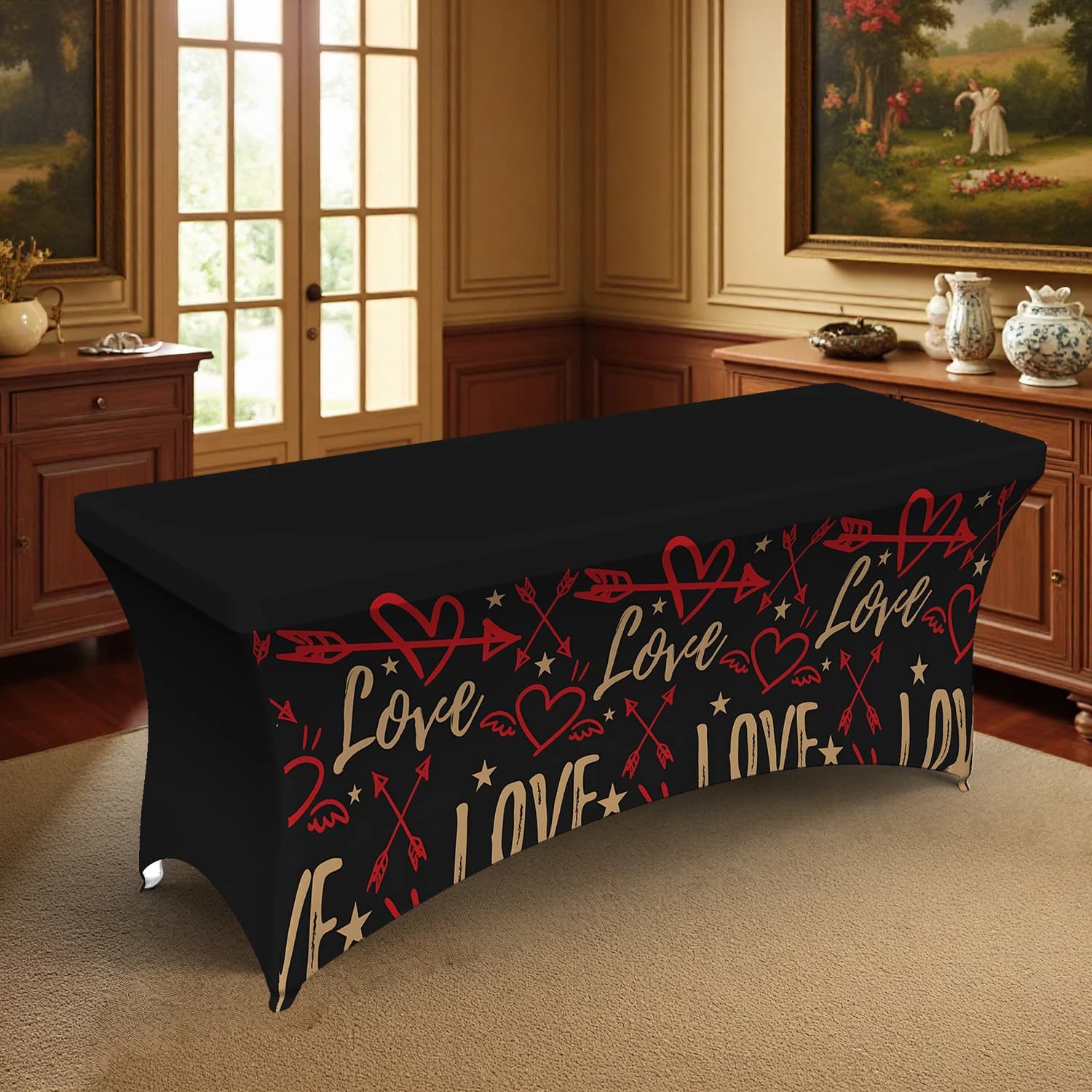 1 Pezzo Tovaglia Elastica con Stampa Romantica Cuore e Freccia, 4/6/8FT, Estensibile per Esterni Estivi, Rettangolare