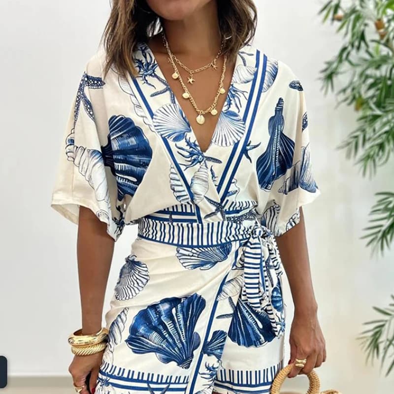 New Pattern Printed Loose Beach Romper Vacation V Neck Lace Up Waist Shorts Playsuit Fashion Summer Bohemian Women's Jumpsuits