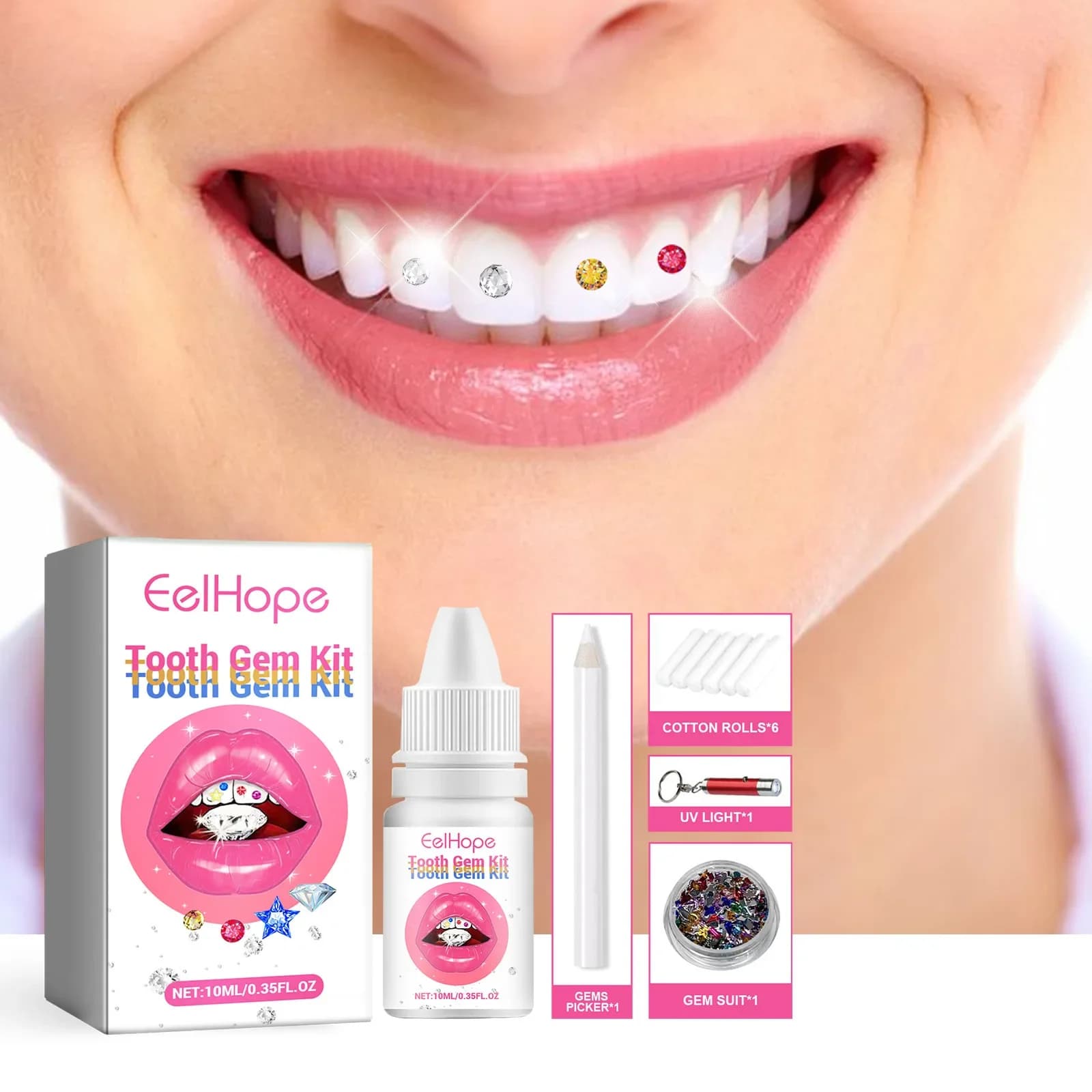 Tooth Jewelry Kit DIY Clear Precious Stone Decoration Glitter Beautiful Smile Adhesive Sturdy Crystal Light Teeth Gems Glue Set