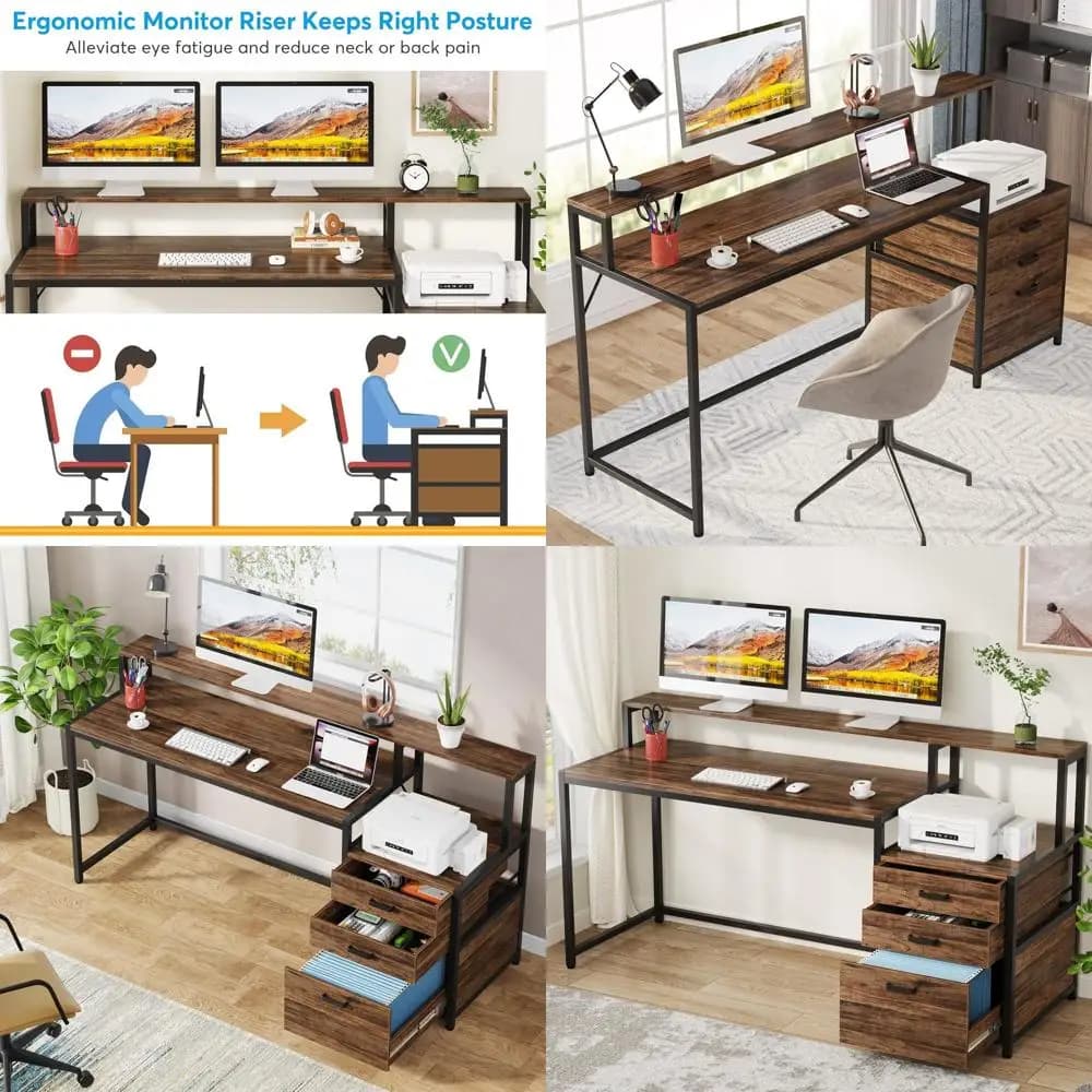 Desk Ergonomics Industrial Wood 63 with Monitor Support, Printer and Cassettiera for Home or Office