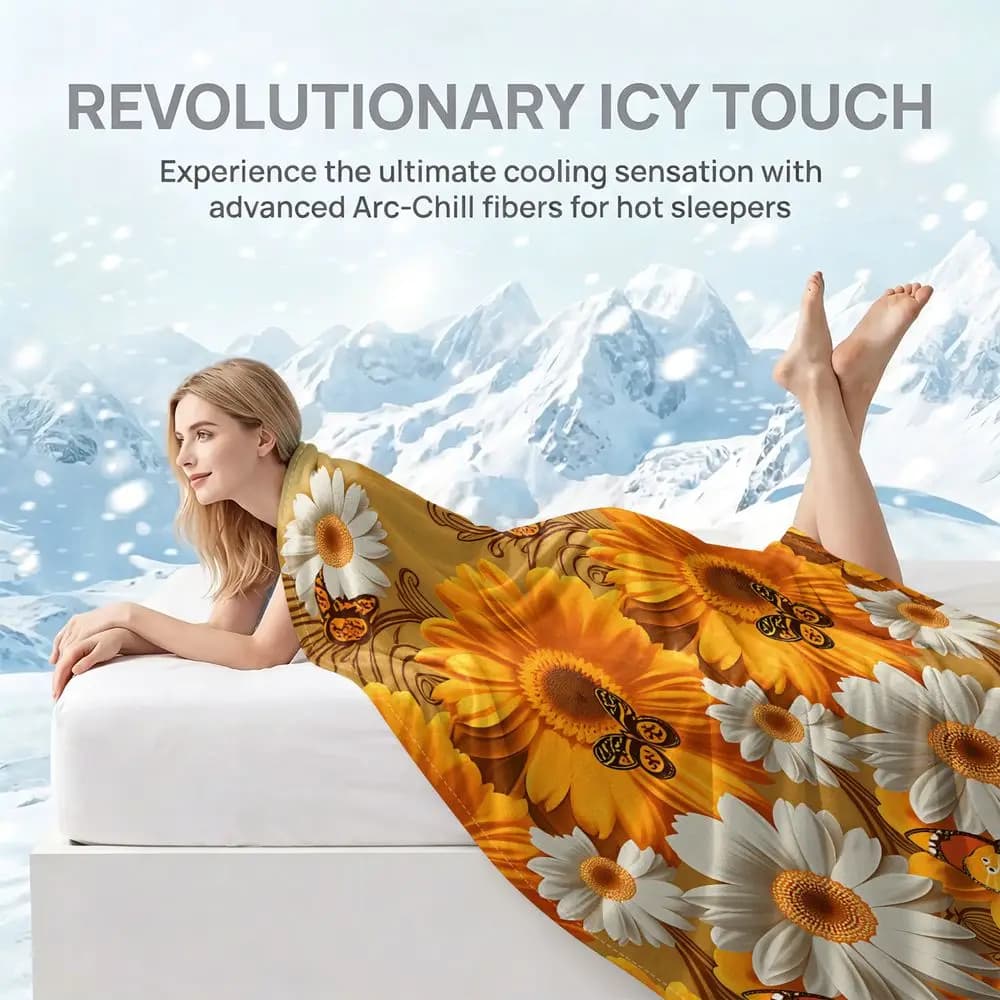 Cooling Blanket Bed Summer Cooling Throw Daisy Butterfly Print Soft Breathable Ice Touch Moisture Wicking Bedding Decor