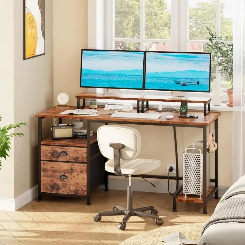 Scrivania rustica per computer da 47 pollici, postazione di lavoro con schedario, supporti e prese per doppio monitor