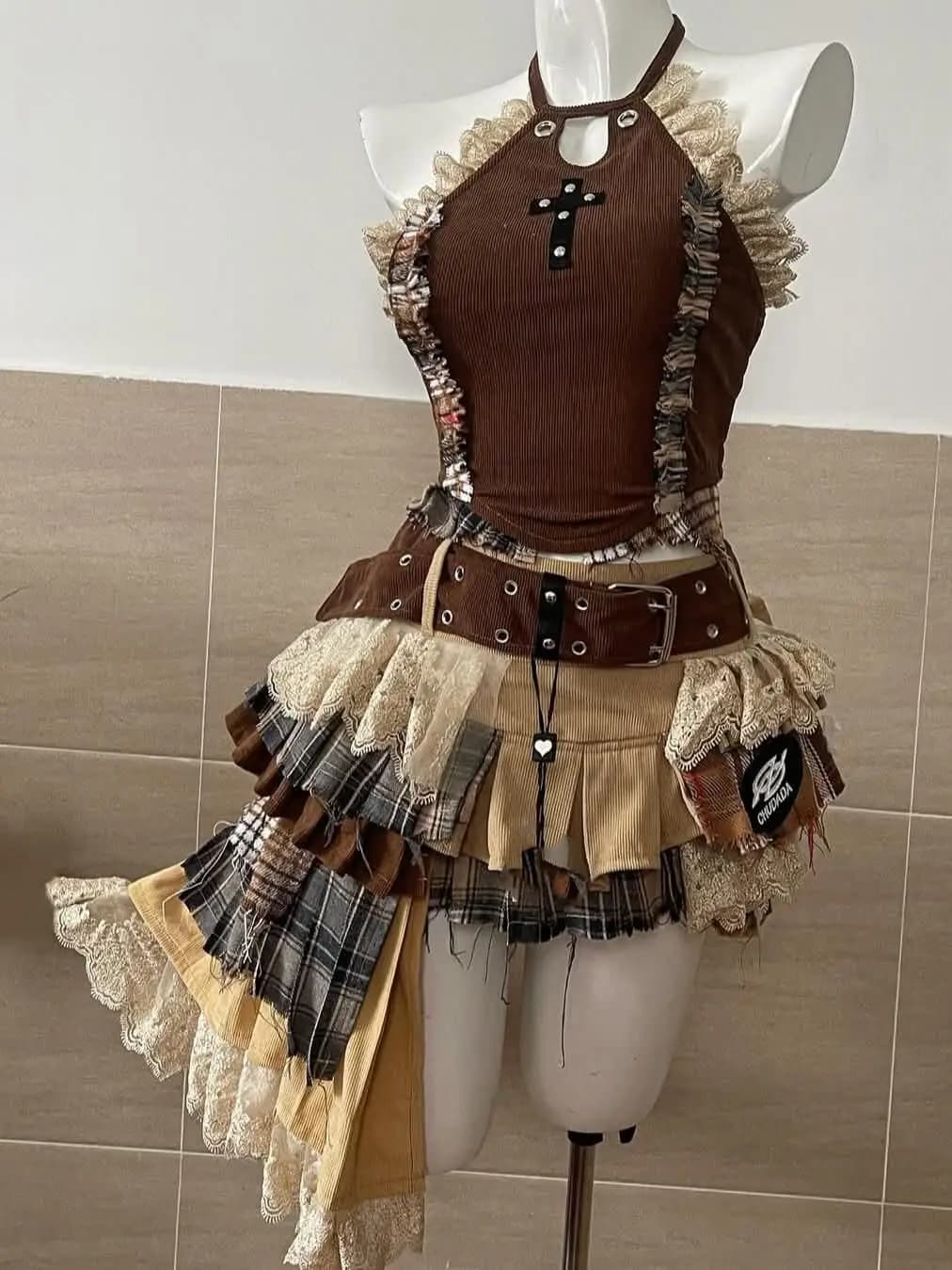 Gilet senza maniche con giunture in pizzo vintage americano + gonna dolce con nappe irregolari con cintura Set da 2 pezzi Spice Girl Slim Fit Y2k Suit