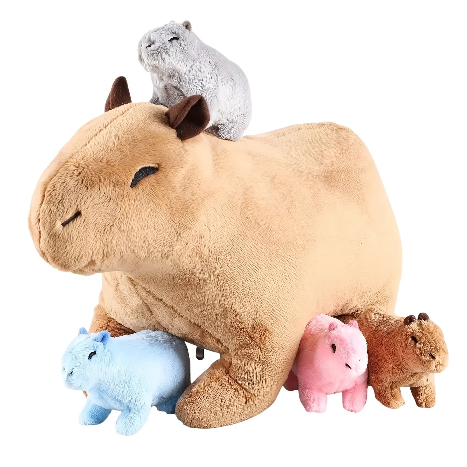 Peluche Kawaii Capibara: Mamma Capibara con 4 Cuccioli, Giocattoli Madre-Figlio per Bambini, Regali di Compleanno