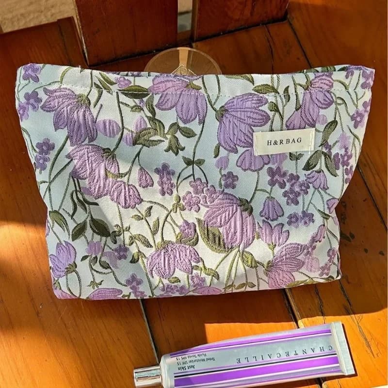 Borsa per il Trucco in Tela Intrecciata con Motivo Floreale Lavanda, Pochette Portatile da Donna, Astuccio da Viaggio per Studenti, Custodia con Cerniera per Articoli da Toeletta