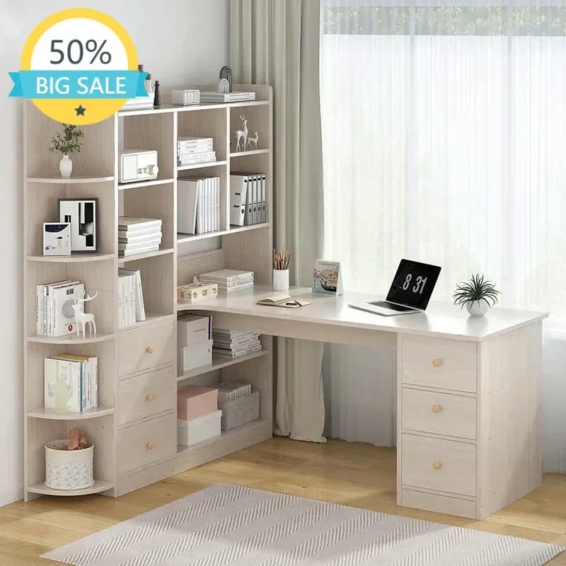 Computer Desk Bookshelf Integrated Shelves Drawers Large Laptop Home Bedroom Student Study Writing Desk Simple Office Table
