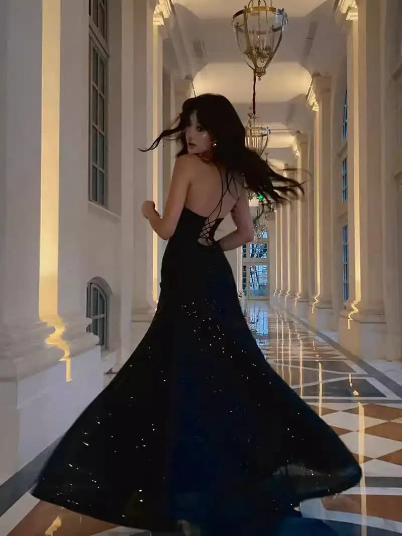 "Shining Stone Night" Graduation Evening Dress Floor-Length Strap Sequin Dress Adult Ceremony