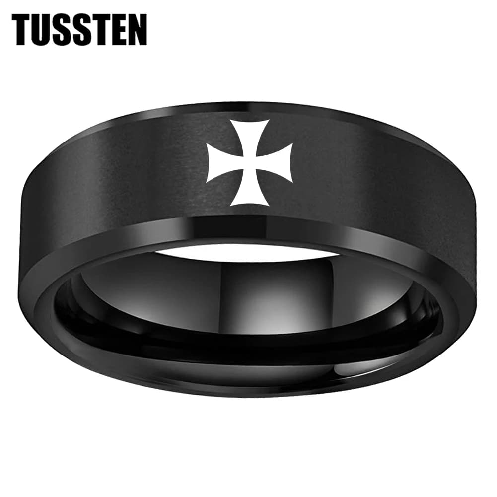 Dropshipping TUSSTEN 6/8MM Anello in tungsteno opaco smussato inciso al laser con croce maltese per un ajustement confortevole