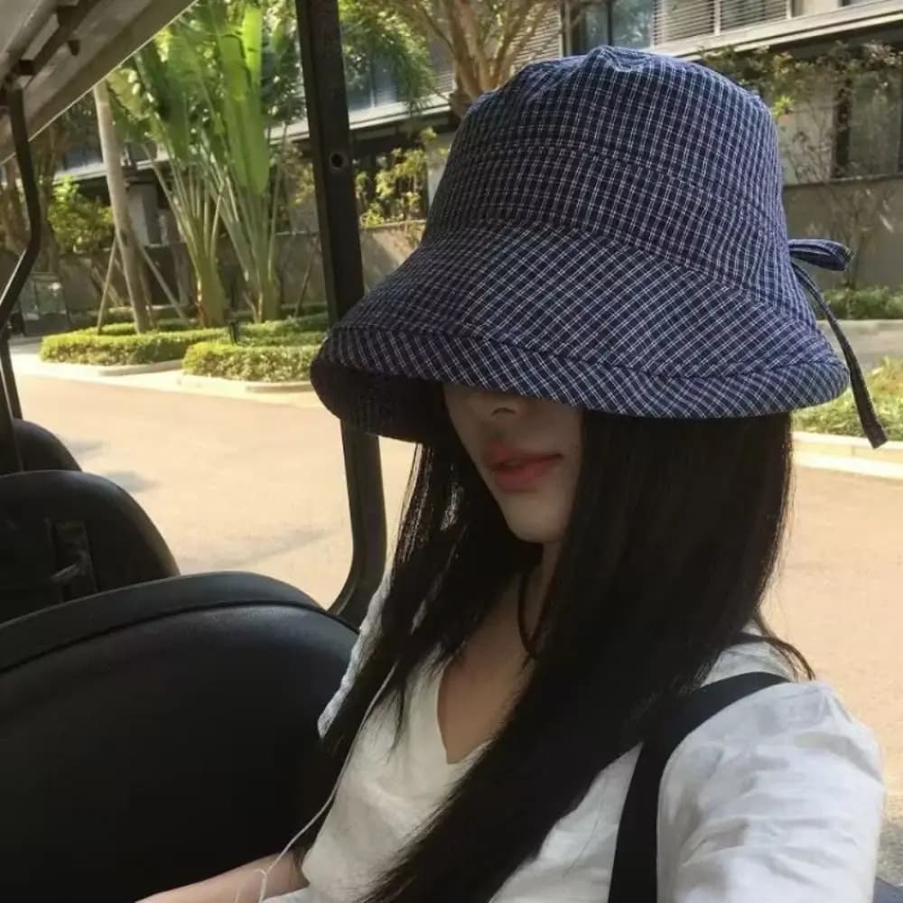 Fashion Summer Plaid Bucket Cap Quick-dry Curled Plaid Sun Hat Foldable Bow Fisherman Caps Travel