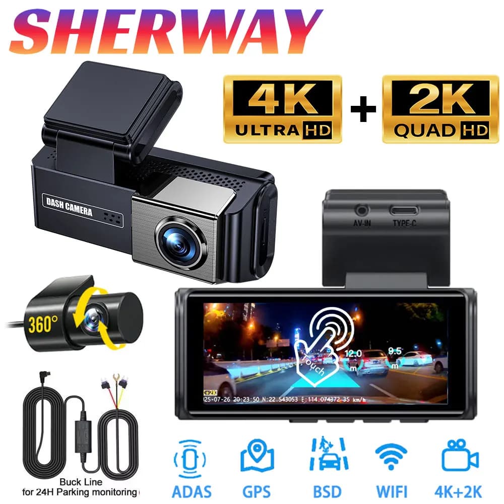 Telecamera per Auto 4K+2K Anteriore e Posteriore con ADAS, Schermo Touch, WiFi Integrato, GPS, DVR Auto, Visione Notturna 24H, 2 Canali, Scatola Nera