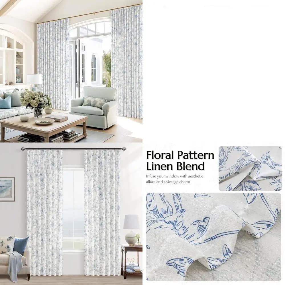 Blue Navy Linen Curtains with Floral Pattern and Pizzico Folds, Length 84 Inches, Motive Peony for Stays and Bedrooms in Coastal Style