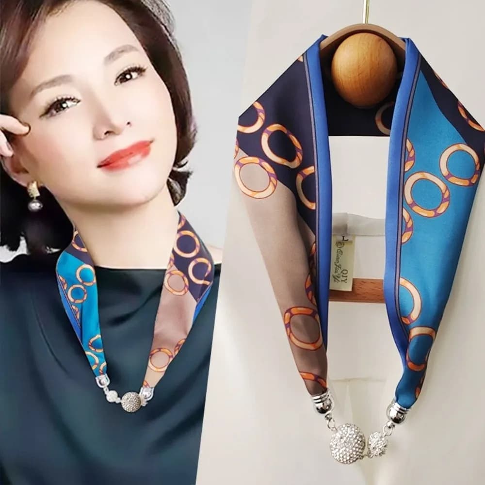 Fashion Pearl Diamond Silk Scarf Korean Retro Magnetic Buckle Scarf Clavicle Small Strip Women's Scarf Chain Effortless Styling