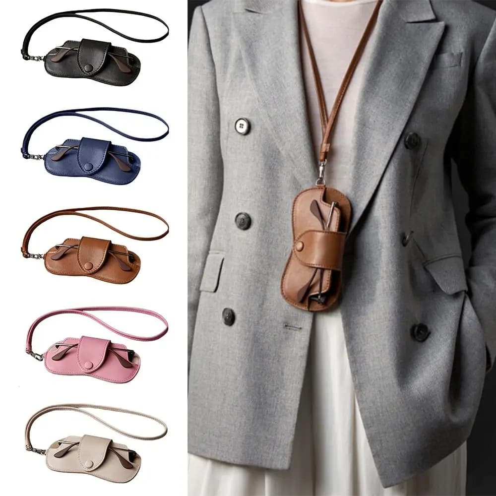 PU Leather Sunglasses Storage Bag Solid Color Durable Hanging Sunglasses with Lanyard Porable SunGlasses Holder