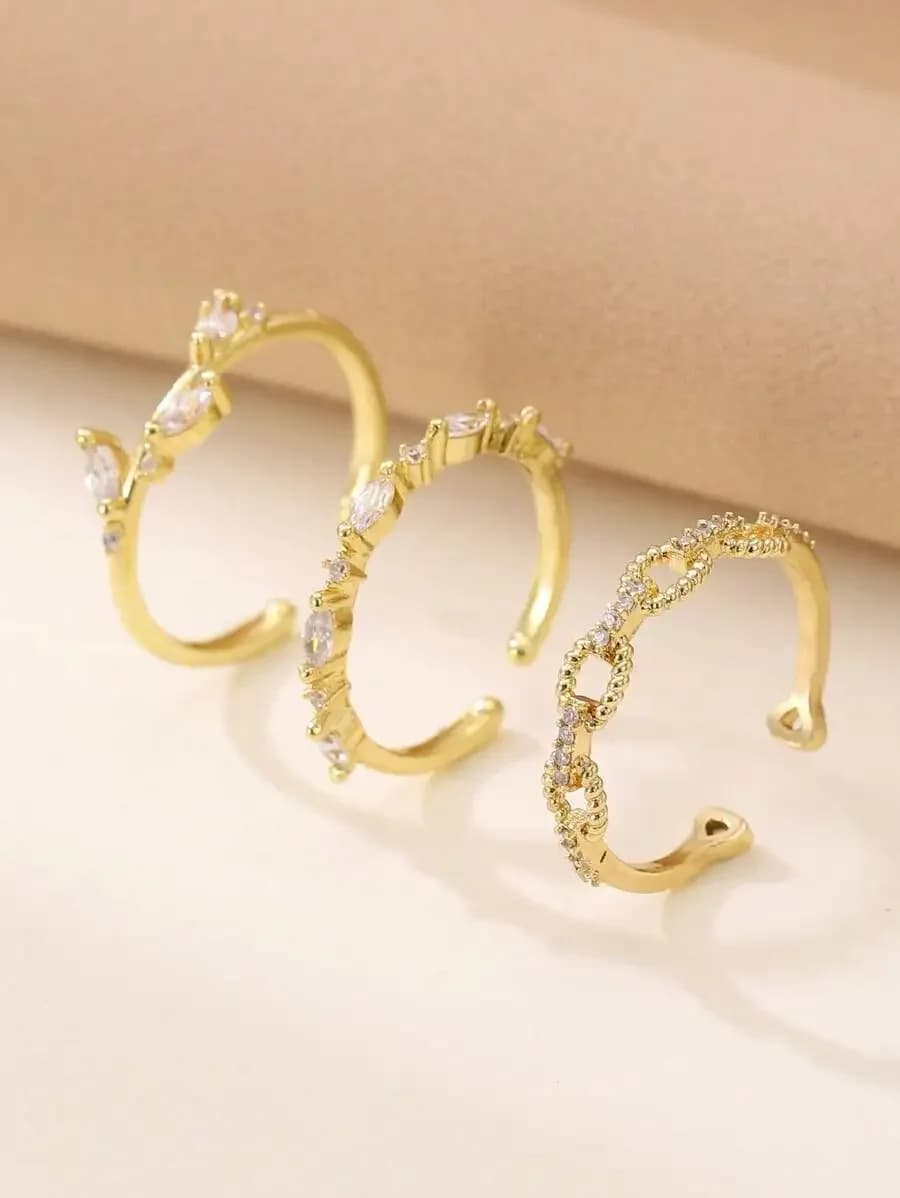 Set di 3 anelli aperti decorati con strass per donna, regalo di gioielli alla moda