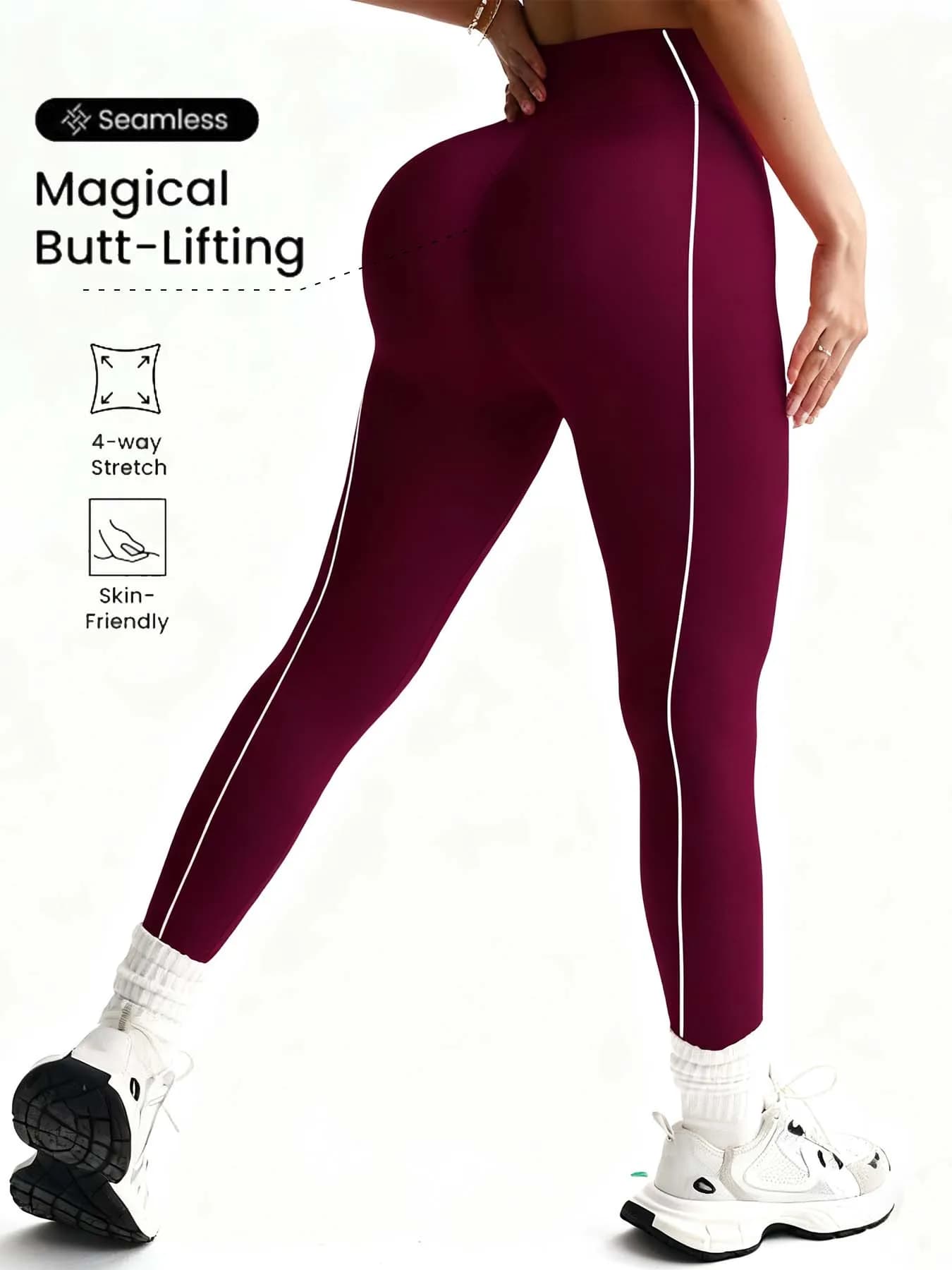 Leggings Senza Cuciture a Vita Alta per Donna, Bordeaux, Effetto Push-Up, Elasticizzati in 4 Direzioni, Pantaloni da Yoga, Allenamento, Palestra, Fitness