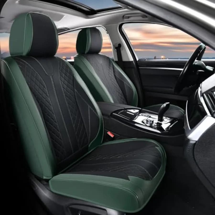 Front Cover for Cars in Waterproof Leather, Universal Seat Protector, Black and Green, Suitable for Most Cars