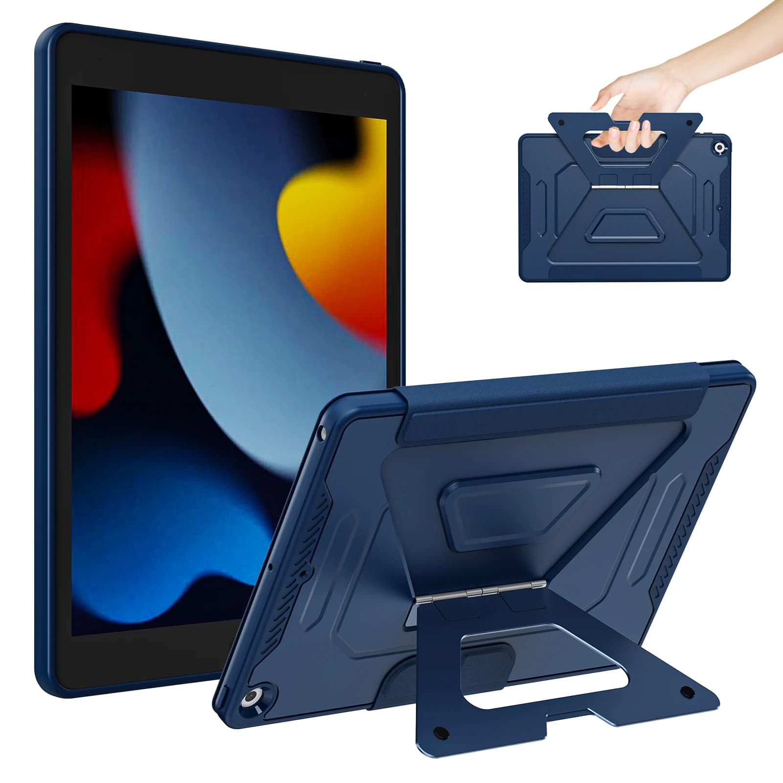 Custodia per tablet per iPad 10.2 (2021) / (2020) / (2019) con supporto a tre pieghe in lega di alluminio, cover rimovibile in pelle, TPU e PC