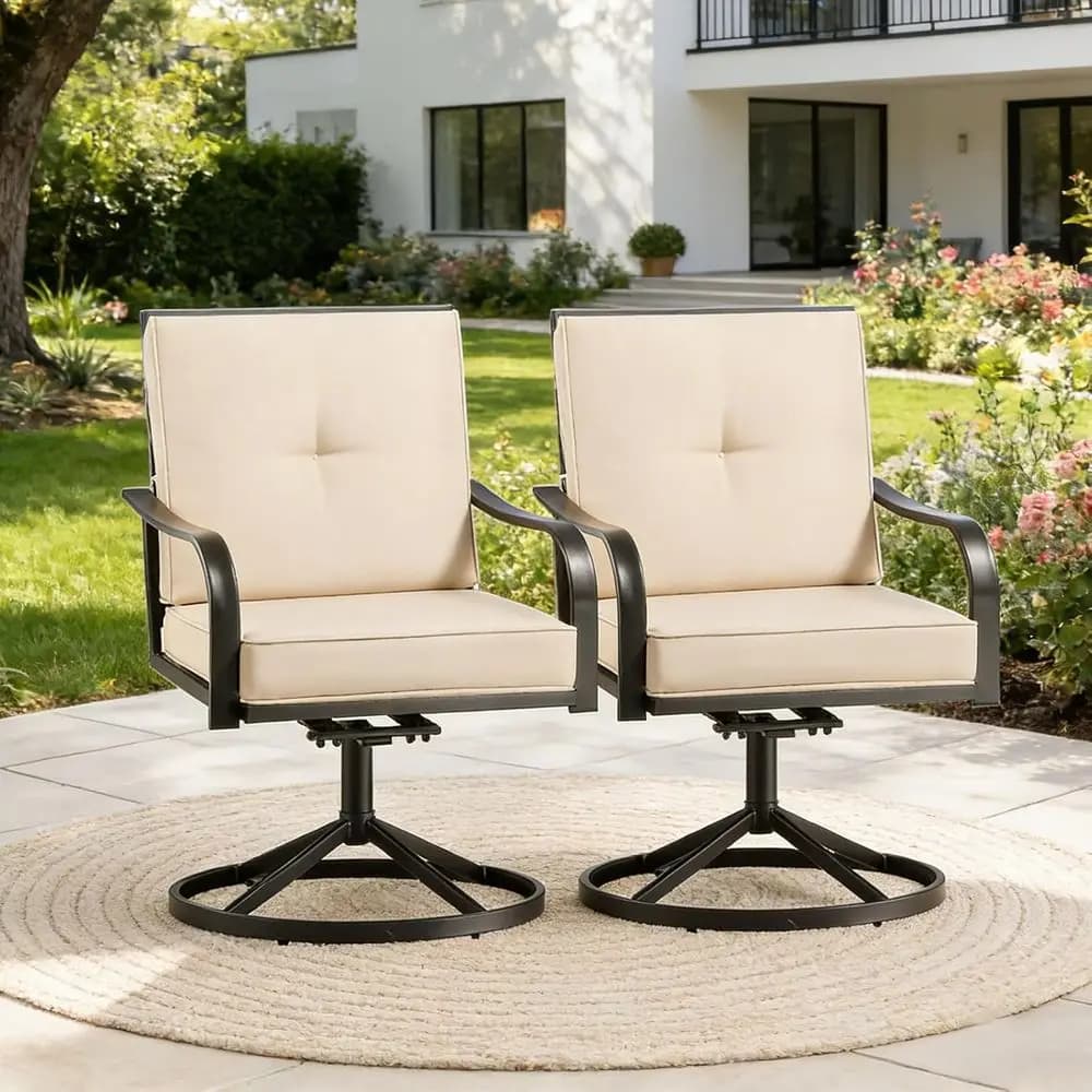 2-Piece Outdoor Swivel Dining Chair Set with Rust-Resistant Steel, Waterproof Cushions, Curved Armrests for Patio, Poolside, Gar