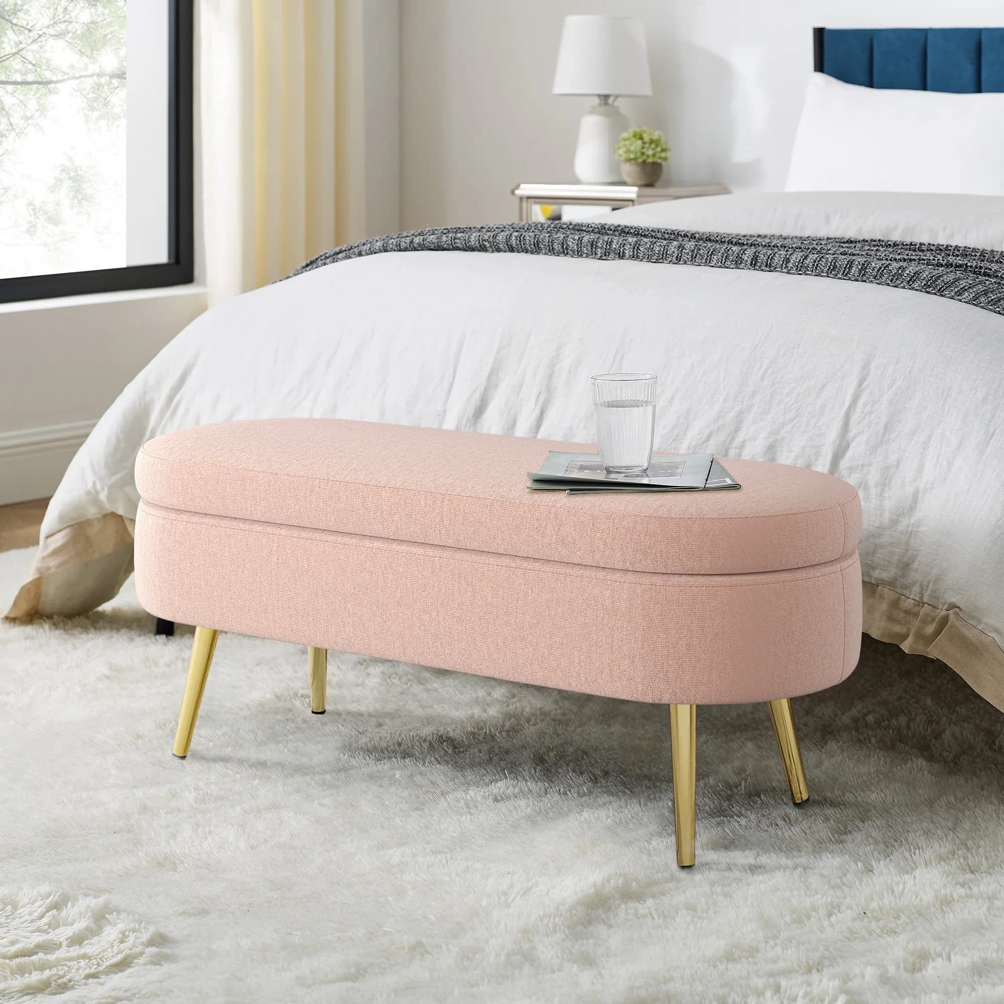 43.5" Oval Storage Ottoman Bench Pink Flannel Upholstered End Of Bed Footstool With Metal Legs Entryway Shoe Seat For Bedroom Home