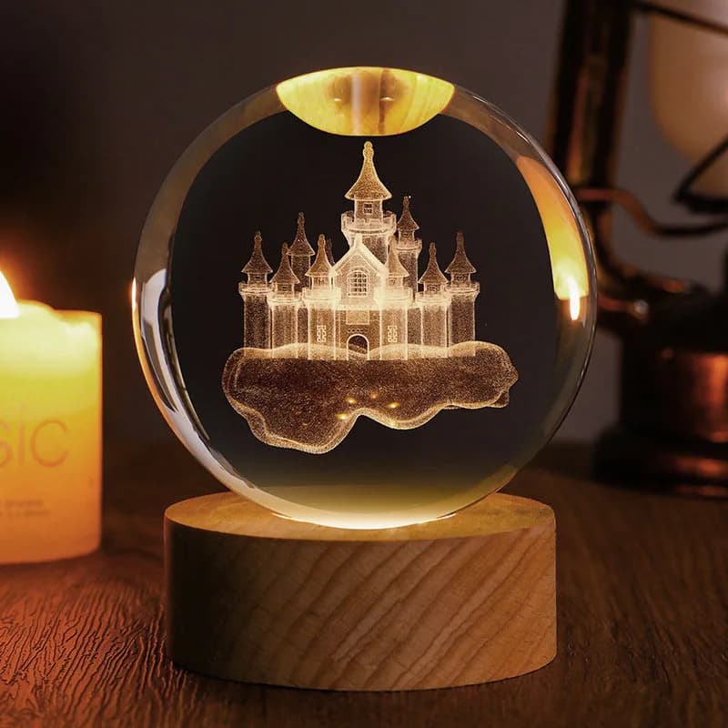 Ornamenti Castello di Cristallo, Globo 3D Inciso al Laser, Sfera di Vetro con Base, Fermacarte, Decorazione per Casa e Scrivania, Regali in Miniatura