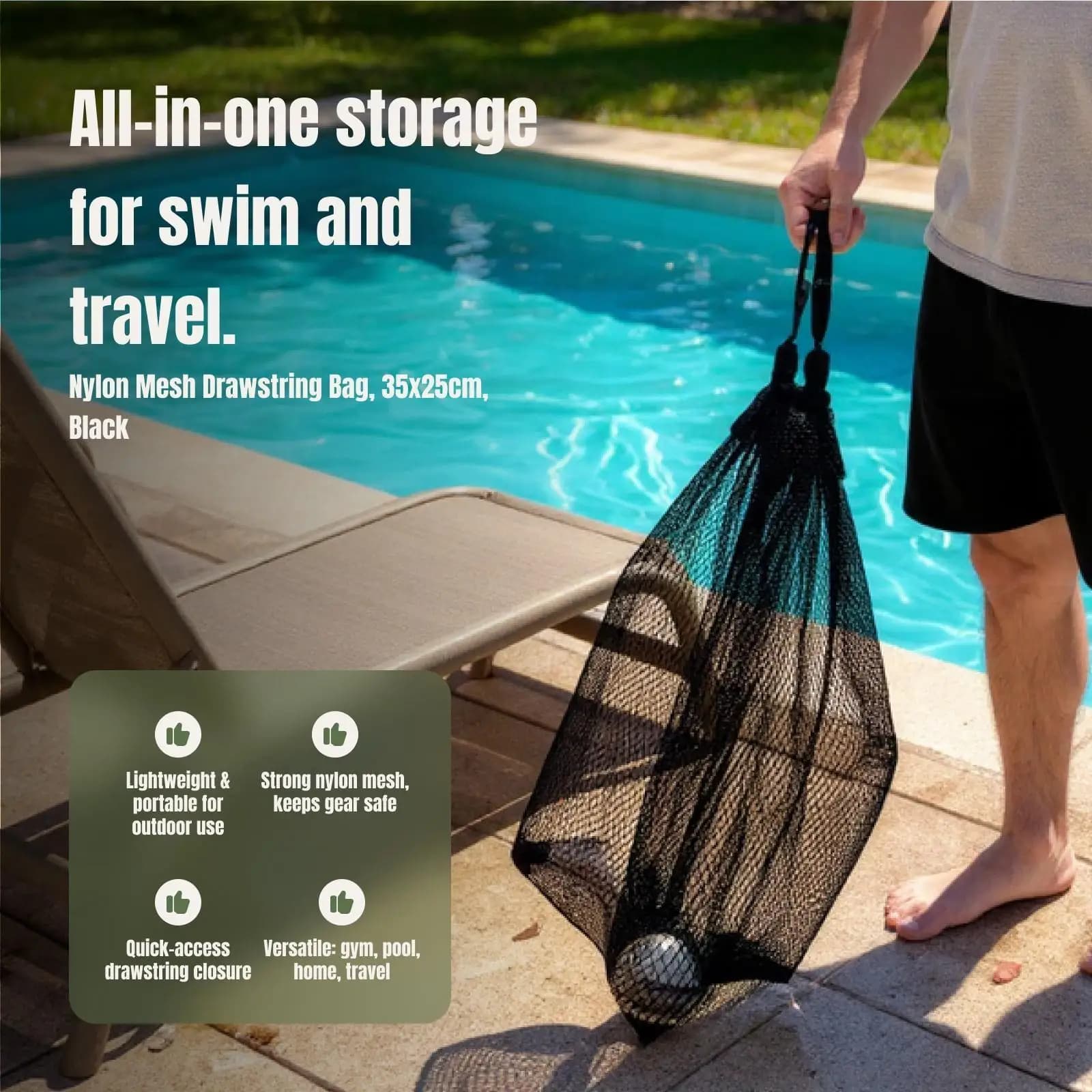 Network bag with snorkeling coulisse, portable nylon bag for underwater equipment and pool accessories