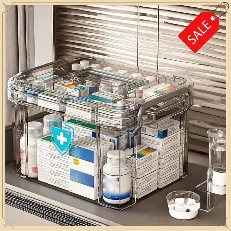 Transparent Plastic First Aid Box with Handle Household Emergency Medicine Storage Organizer Box