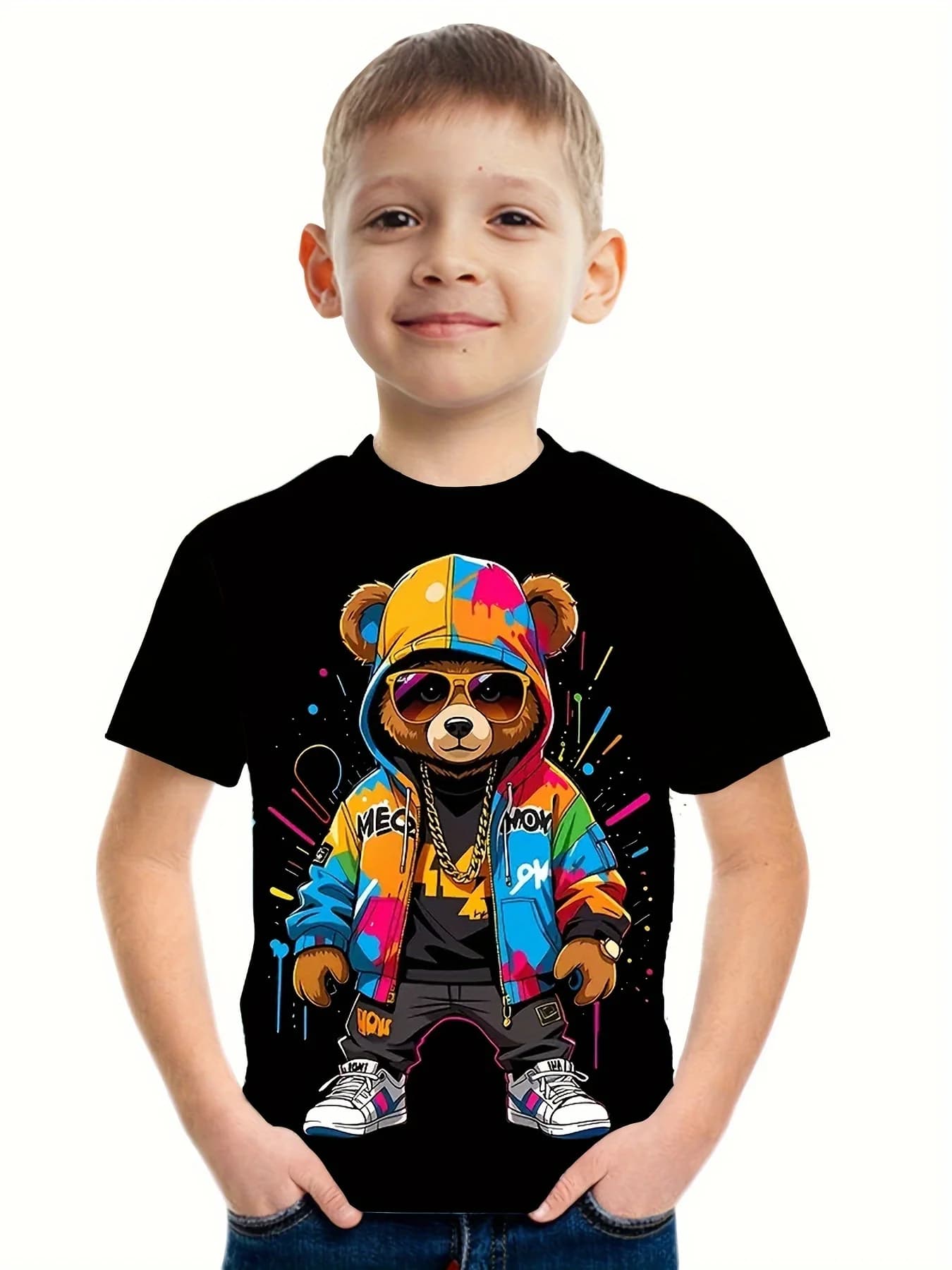 Cartoon Cool Bear 3D Printed Boys' Comfortable T-Shirt, Cool, Casual And Versatile Short Sleeve T-Shirt