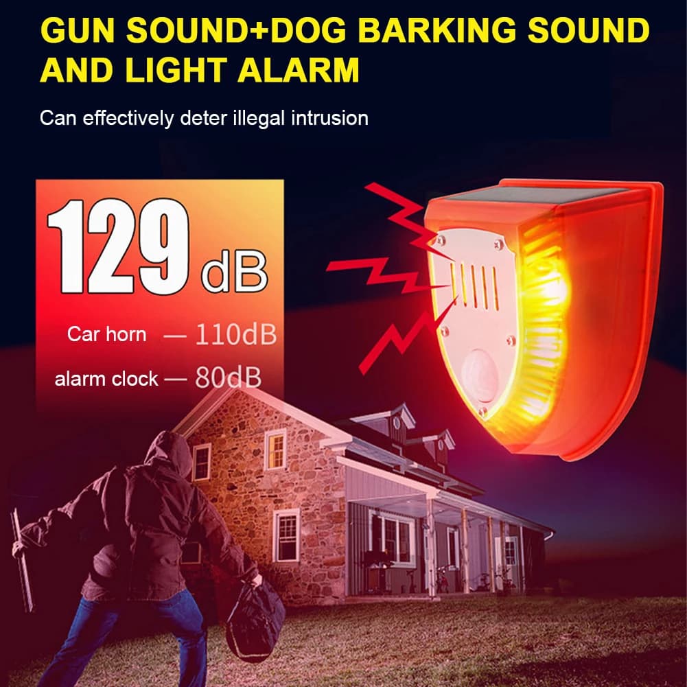Luce di allarme solare IP65 Lampada di allarme con sensore di movimento impermeabile Lampada di sicurezza per conducente di animali che abbaia per cani da giardino esterno per cortile agricolo