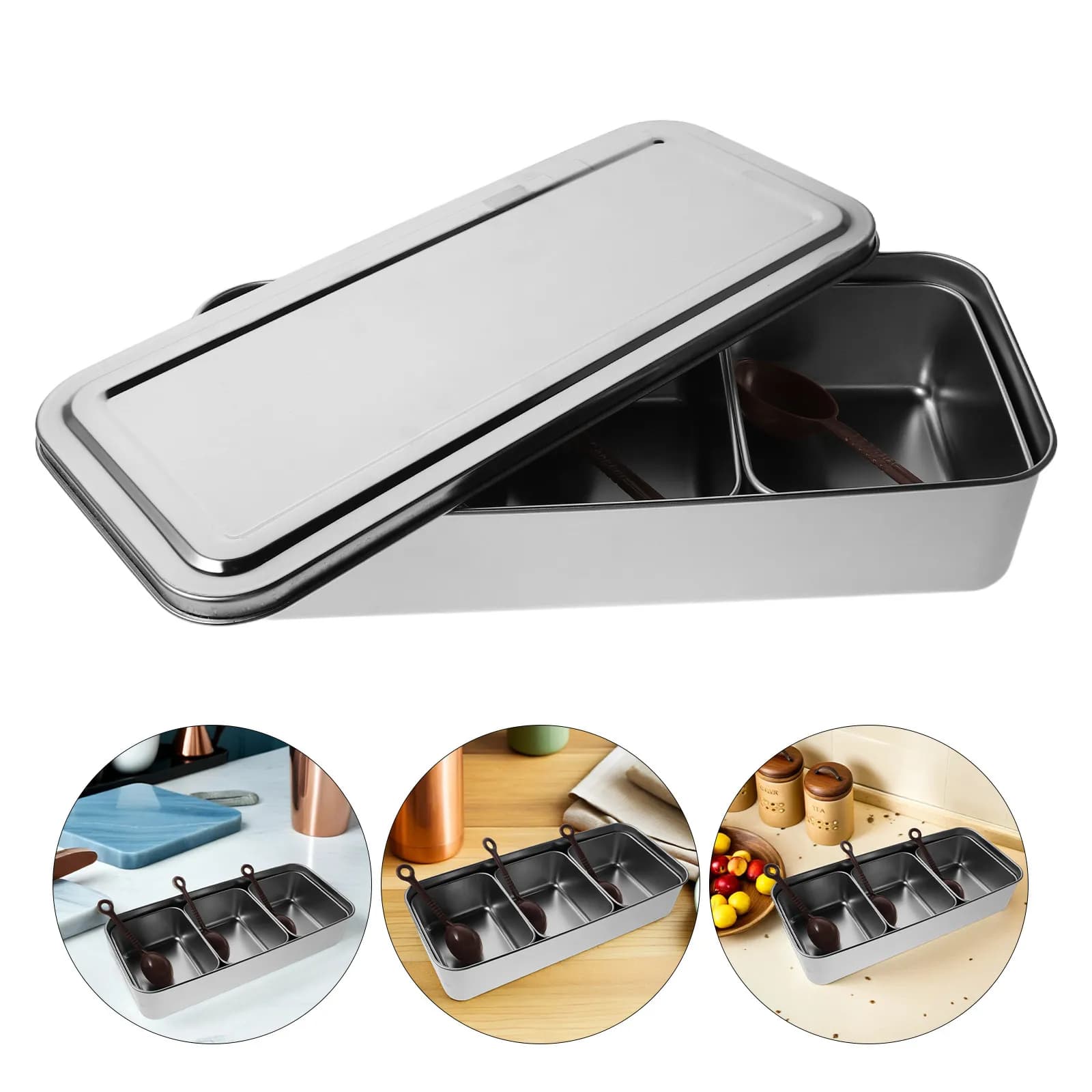 Set di Contenitori per Spezie in Acciaio Inox a 3 Scomparti con Coperchio Ermetico e Cucchiaio, Organizzatore per Condimenti da Cucina