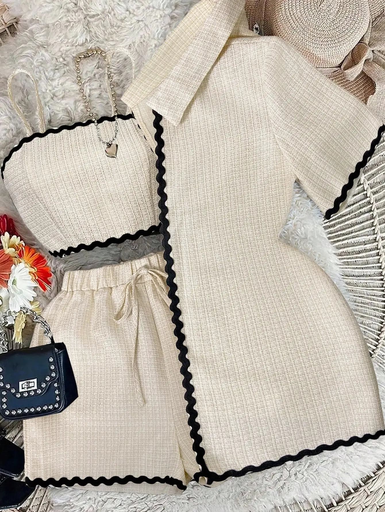 Set of 3 pieces for women: cardigan with corrugated edge, short canopy and shorts for school or casual work