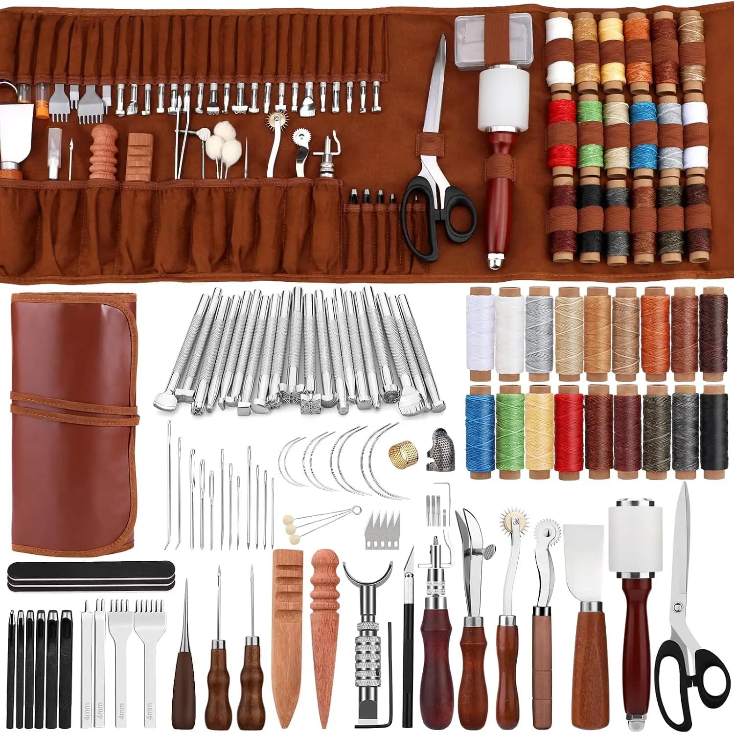 Leather Working Tool Leatherworking Tool Kit with Custom Storage Bag for Carving Punching Sewing Stamping, Essential Supplies for DIY Leather Crafts
