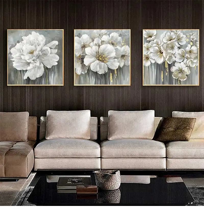Mintura Immagine da parete per soggiorno Dipinti ad olio su tela Dipinti a mano Molte fiori bianchi Decorazioni per hotel Home Art Senza cornice