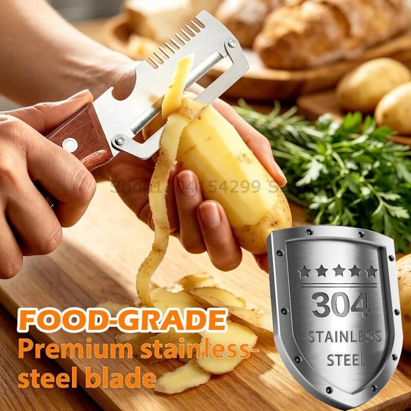 3-in-1 Stainless Steel Vegetable Peeler Peeling Knife With Wooden Handle And Bottle Opener Kitchen Tool