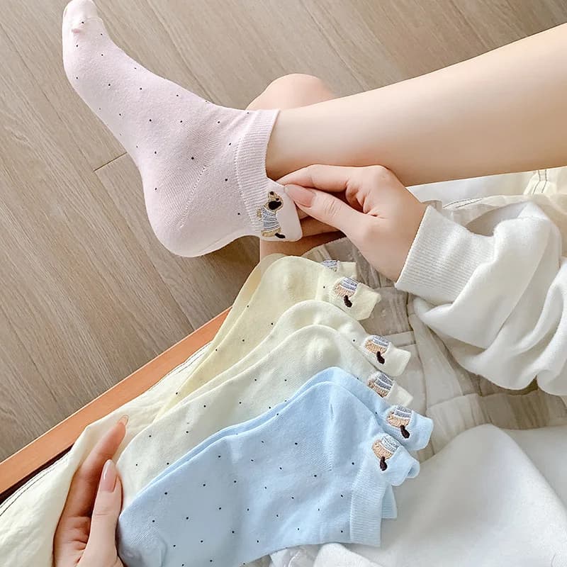 Spring Summer Thin Women Short Socks Polka Dots Cute Cartoon Sausage Dog Embroidery Boat Socks Pure Cotton Short Trendy Socks