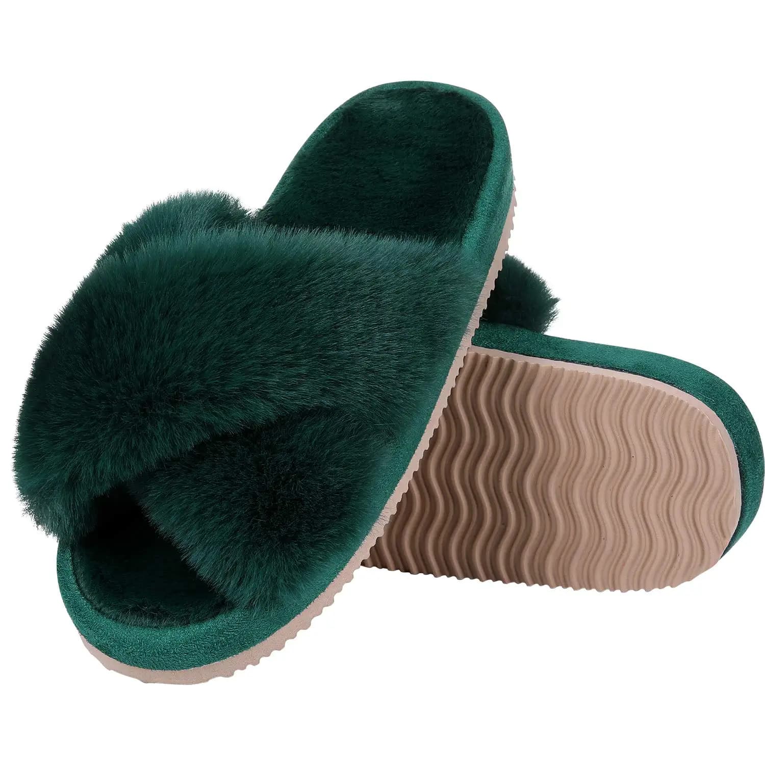Goosecret Pantofole pelose con fascia incrociata da donna Soffici pantofole da casa con punta aperta Scivoli piatti in pelliccia accogliente Scarpe da camera da letto in peluche con suola spessa