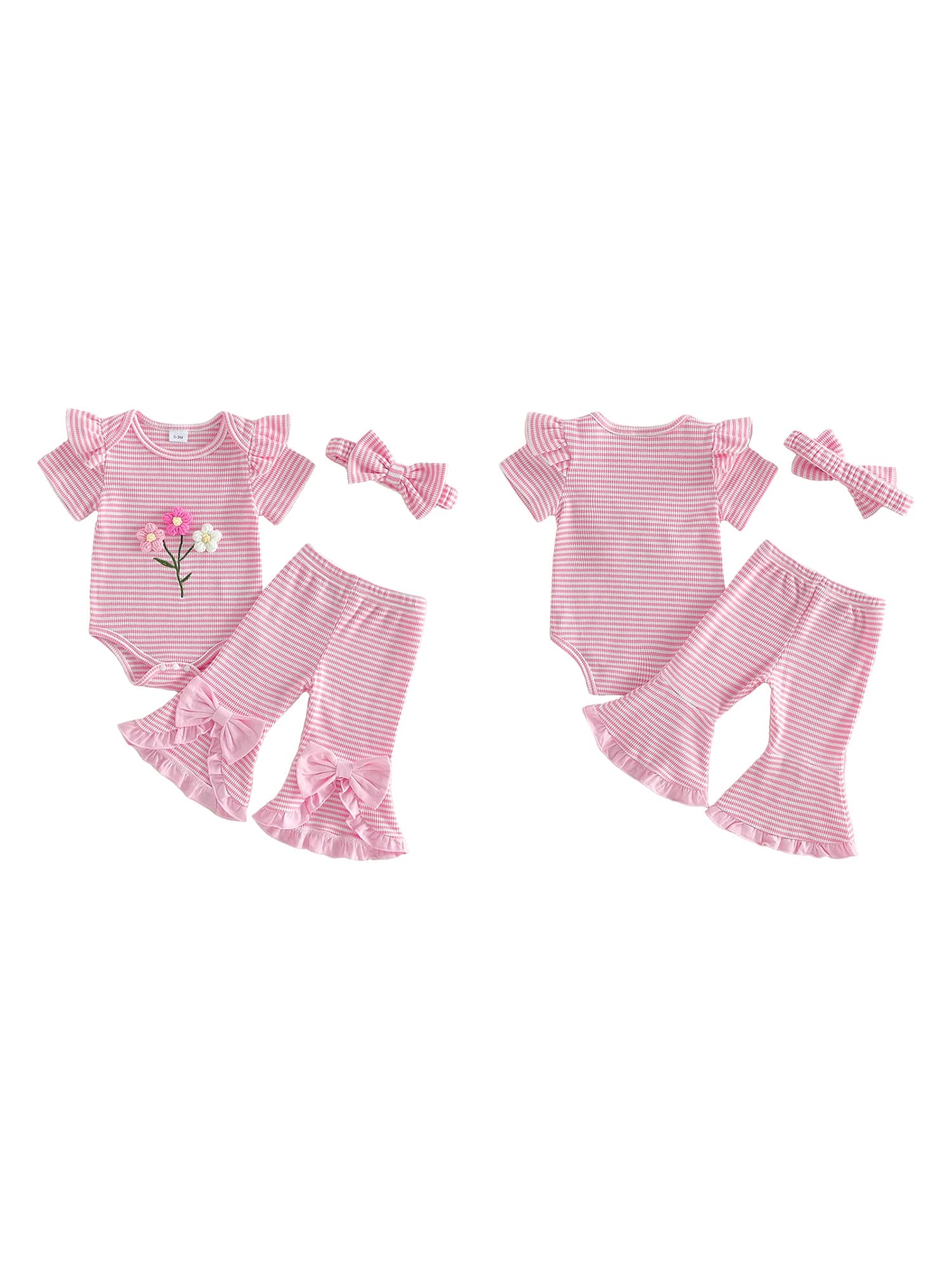 Pagliaccetto con maniche arricciate e stampa floreale per bambina, con pantaloncini abbinati e fascia per capelli, set di 3 pezzi per l'estate