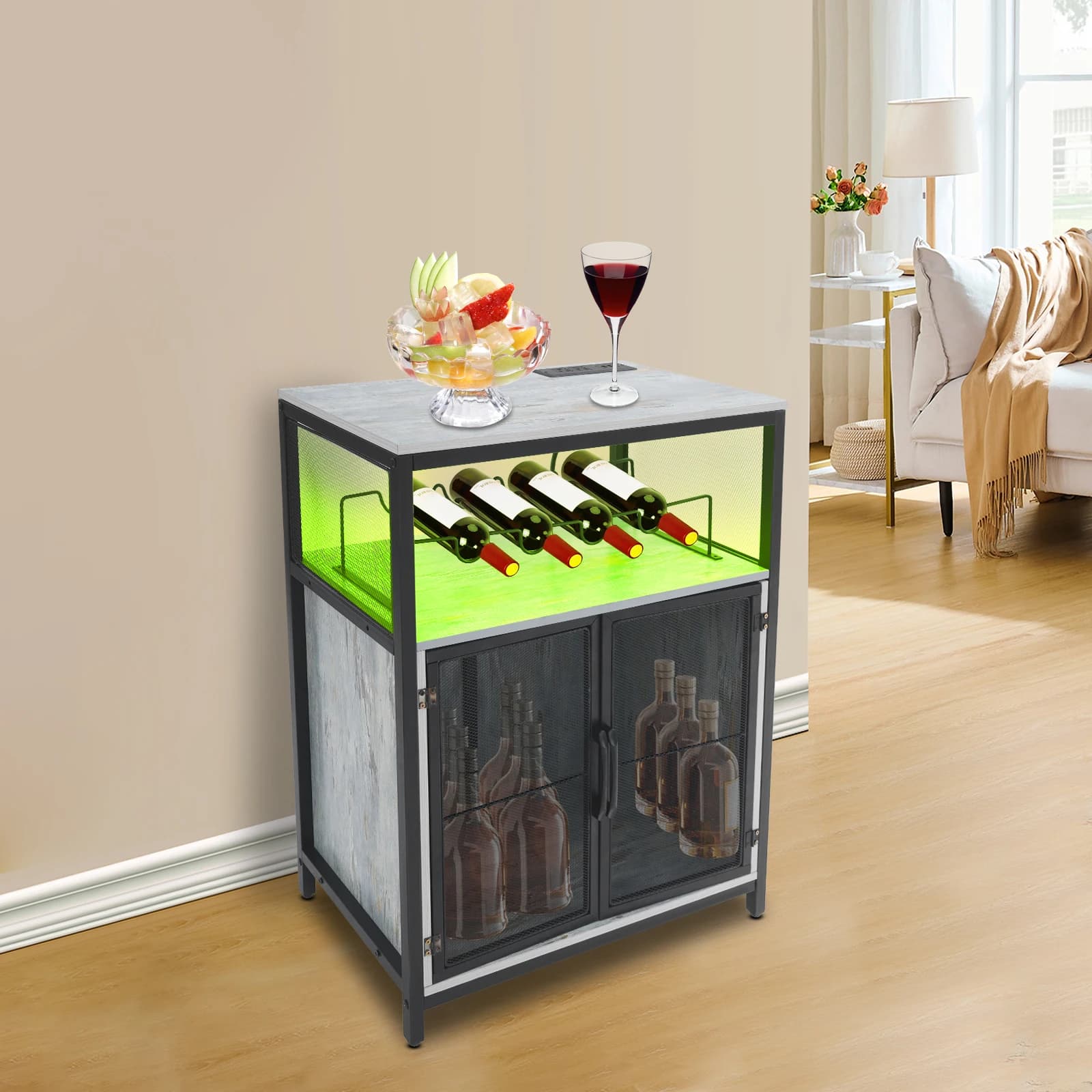 Brown sideboard with USB ports and net door, non-slip adjustable feet, easy to mount and smooth surface for effortless cleaning