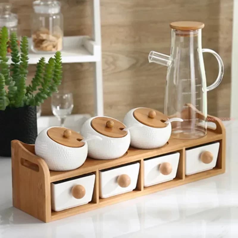 1-8pcs/Set Seasoning Box Ceramics Spice Jars Kit Wood Rack Holder Salt Storage Tank Kitchen Accessories Set Herb Tools Oil Pot