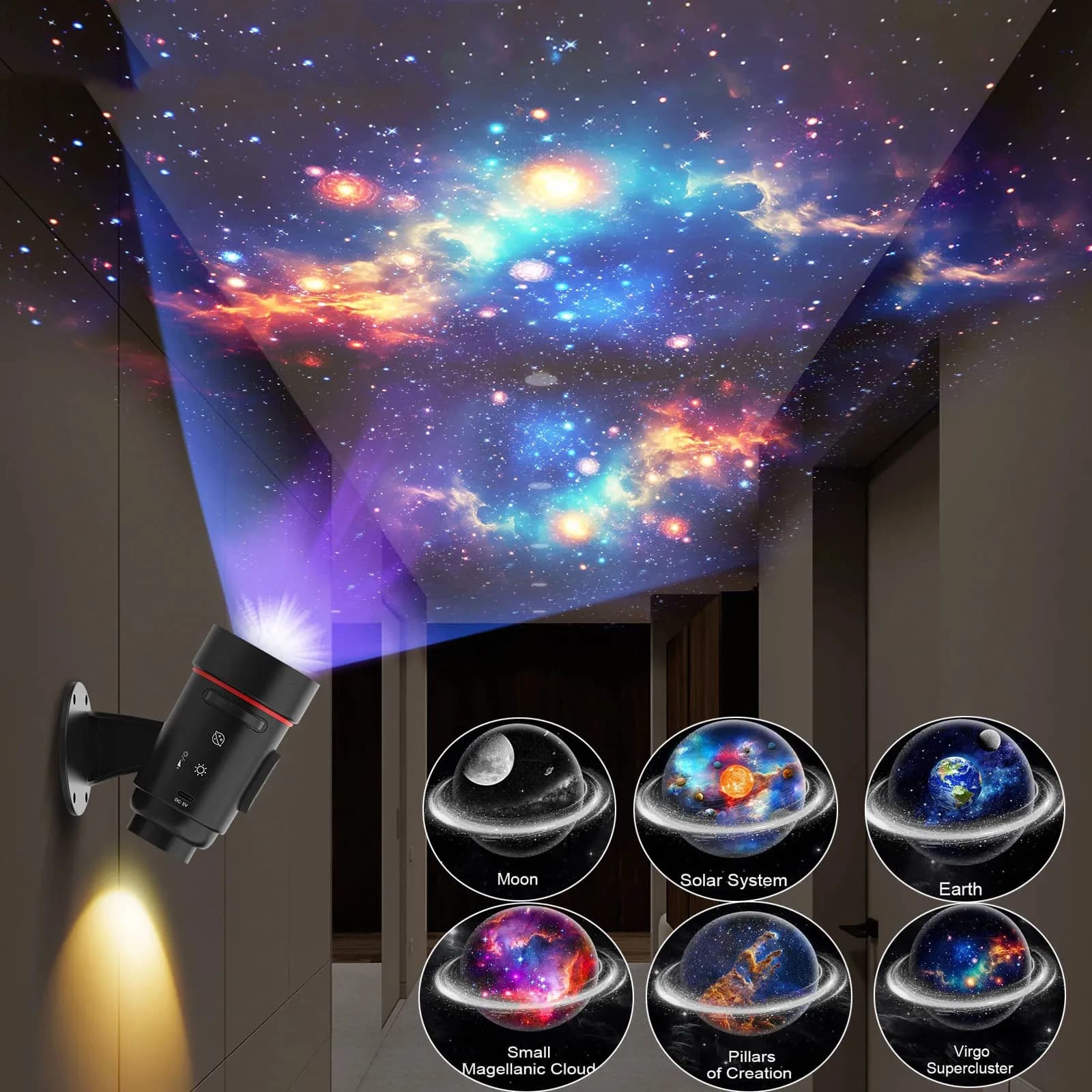 Proiettore Galaxy 4K 6 IN1, Proiettore Planetario, Luce Notturna LED, Lampada Ricaricabile Rotante per Cameretta Bambini, Decorazione Natalizia
