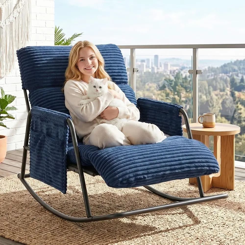 Oversized Outdoor Rocking Chair with Corduroy Cushions, 3-Level Adjustale Metal Patio Rocker with ootrest, Comy ern LounChair or