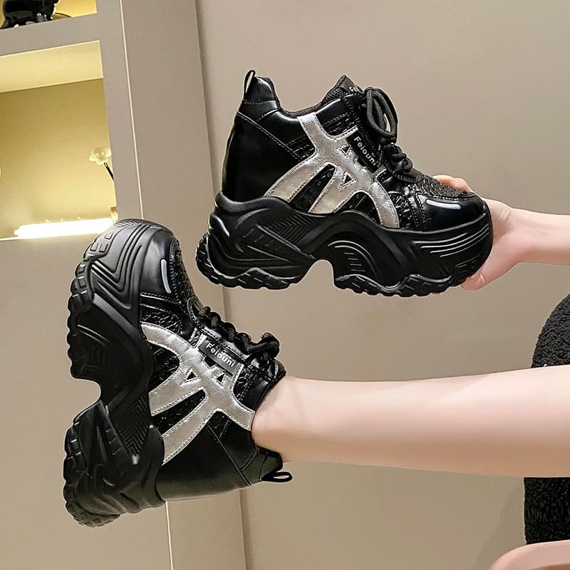 Sneakers Chunky Traspiranti da Donna per l'Autunno, Scarpe Sportive con Lacci e Piattaforma, Suola Spessa, Tacco Alto 10CM, Sneaker con Zeppa Femminile