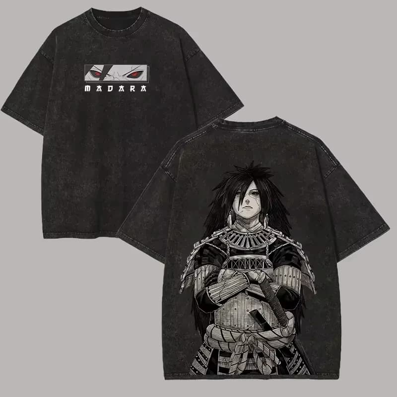 Madara Uchiha T Shirt Naruto Men Acid Wash Back Print Sharingan Anime Graphic Cotton Streetwear