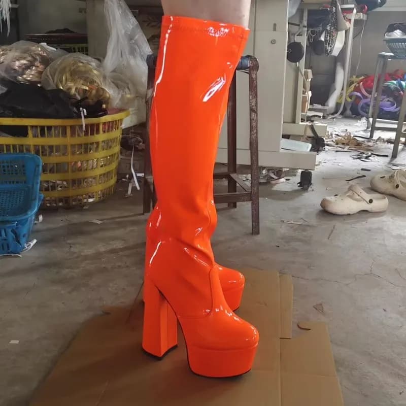 SHOFOO Sexy women's high heels boots. Orange painted leather boots. Knee high boots. About 15cm heel height. Elastic boots.34-46