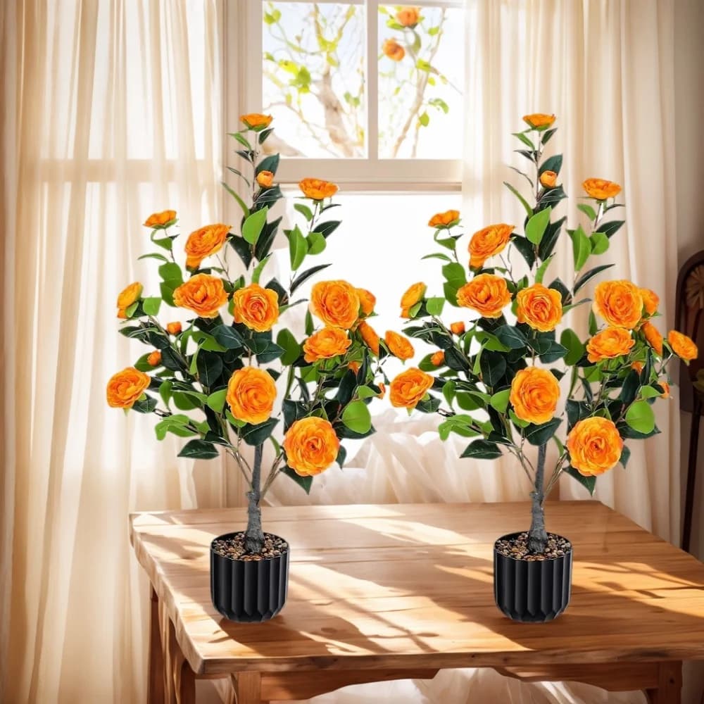 Set of 2 Trees of 36'' Artificial Camellia, Orange Fin Plant in Interior and Exterior Vase, Home, Office, Portico
