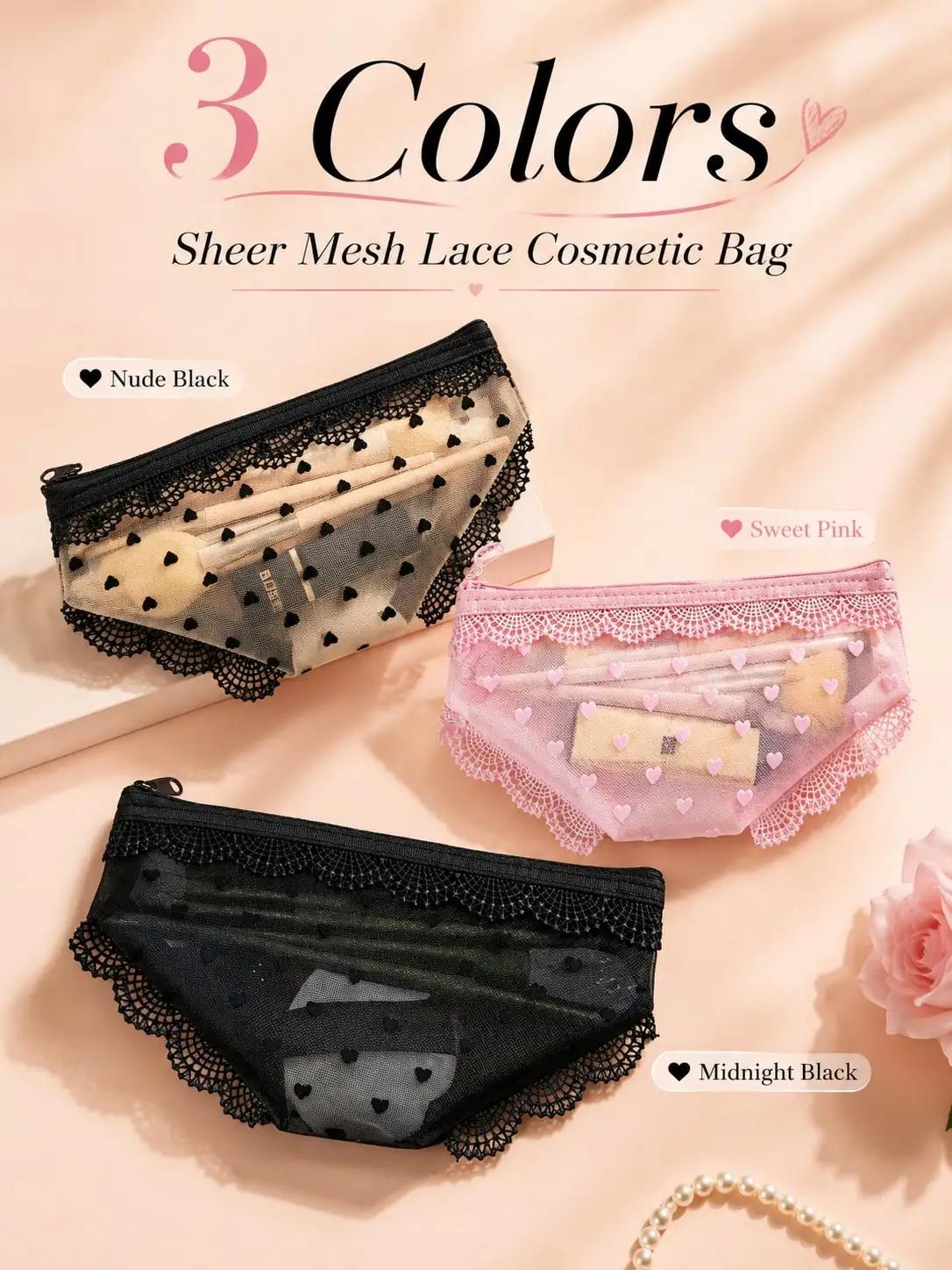 Lace sexy transparent makeup bag, portable travel makeup bag, suitable for eyeliner, makeup brushes, lipstick, skincare products, headphones, eyeshadow palettes, etc., ideal for daily travel, cute stationery storage and toiletry bag