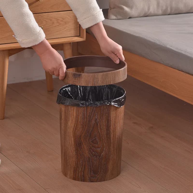 Pattumiera rotonda Vintage con venature del legno pattumiera per camera degli ospiti pattumiera in plastica per Hotel pattumiera