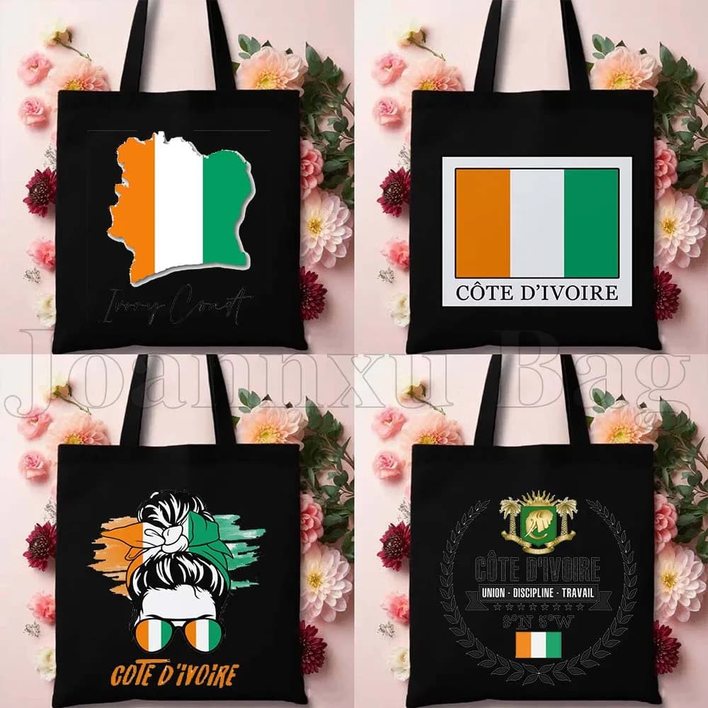 Borsa Tote in Tela con Bandiera e Mappa della Costa d'Avorio, Regalo Africano, Borsa a Spalla Harajuku, Borsa da Shopping Casual Estiva da Spiaggia