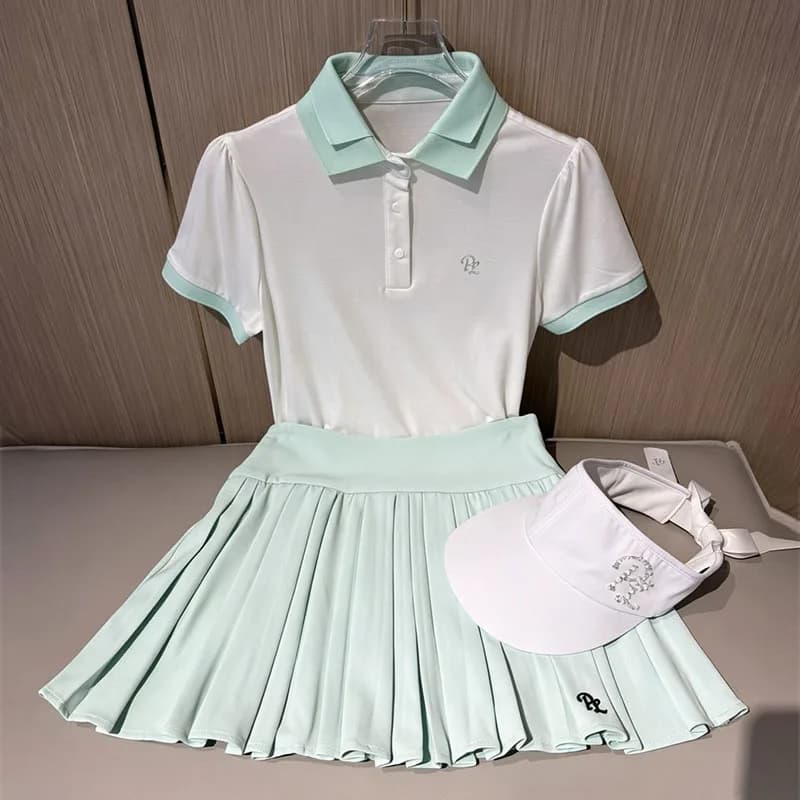 PL Golf Double Collar Polo Shirts for Women Short Sleeve Elastic Tops Breathable Leisure T-Shirt Lady Pleated Skirt Tennis Skort