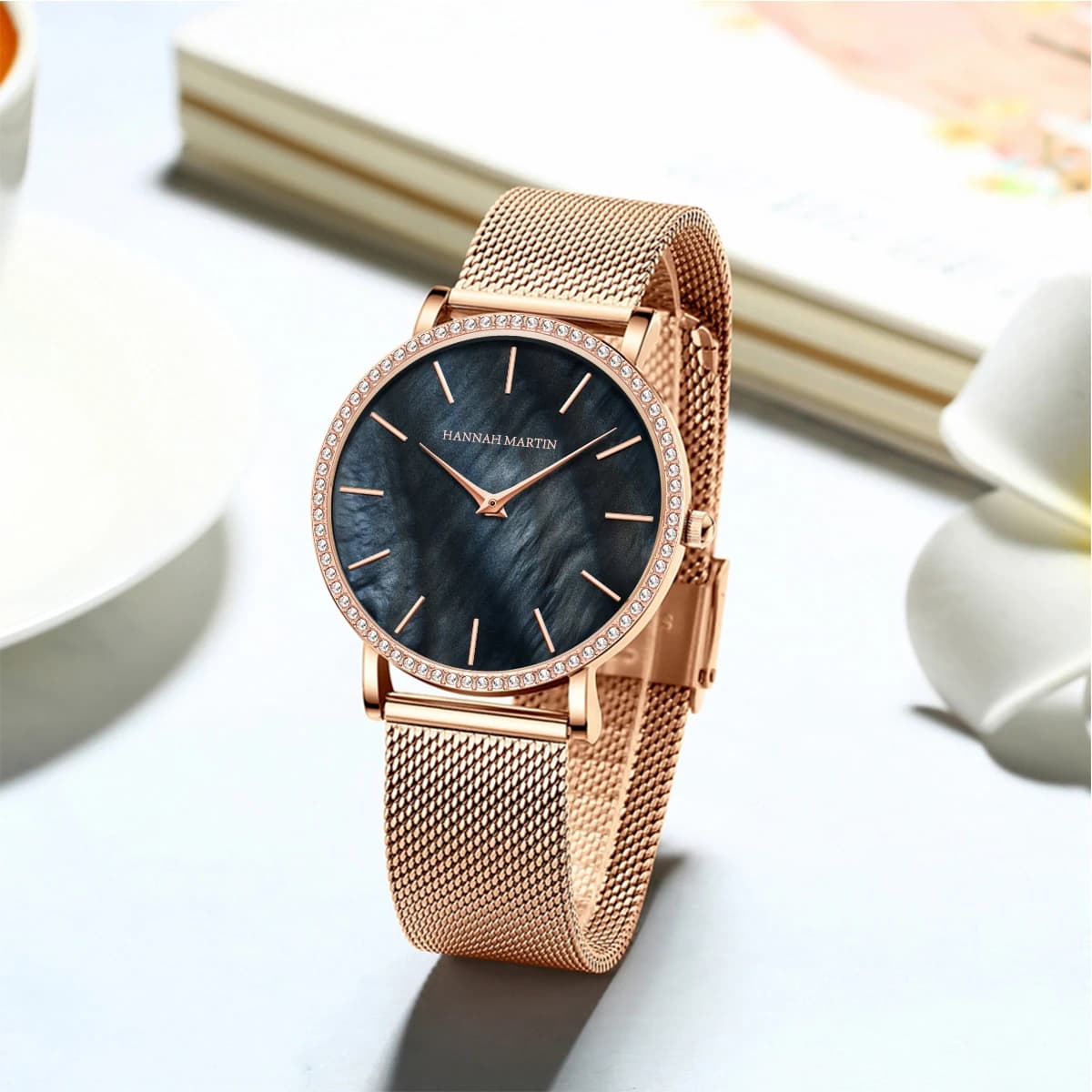 Hannah Martin Orologio da donna con diamanti d'acqua di lusso Orologio al quarzo originale giapponese in acciaio inossidabile con quadrante a conchiglia da 36 mm in oro rosa